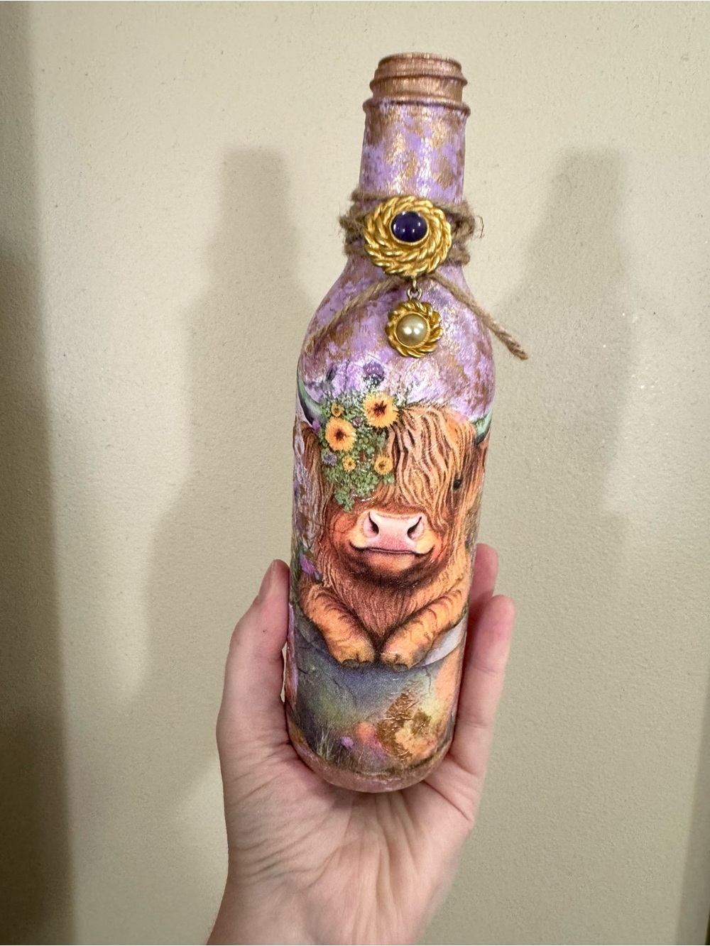 Glass Highland Cow Floral Glass Bottle Art Home Decor Size 4”x9”